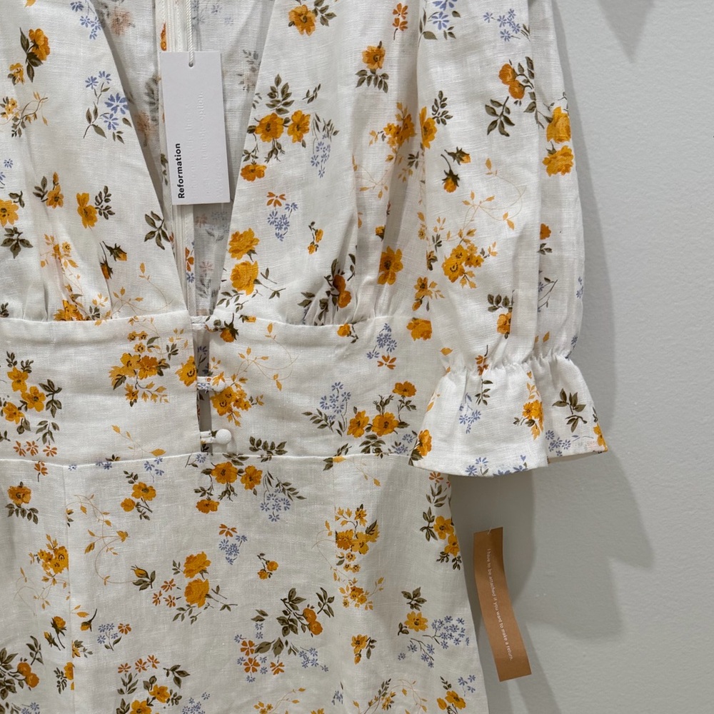Reformation Cream Midi Dress with Yellow & Blue Floral Print - Picture 5 of 7